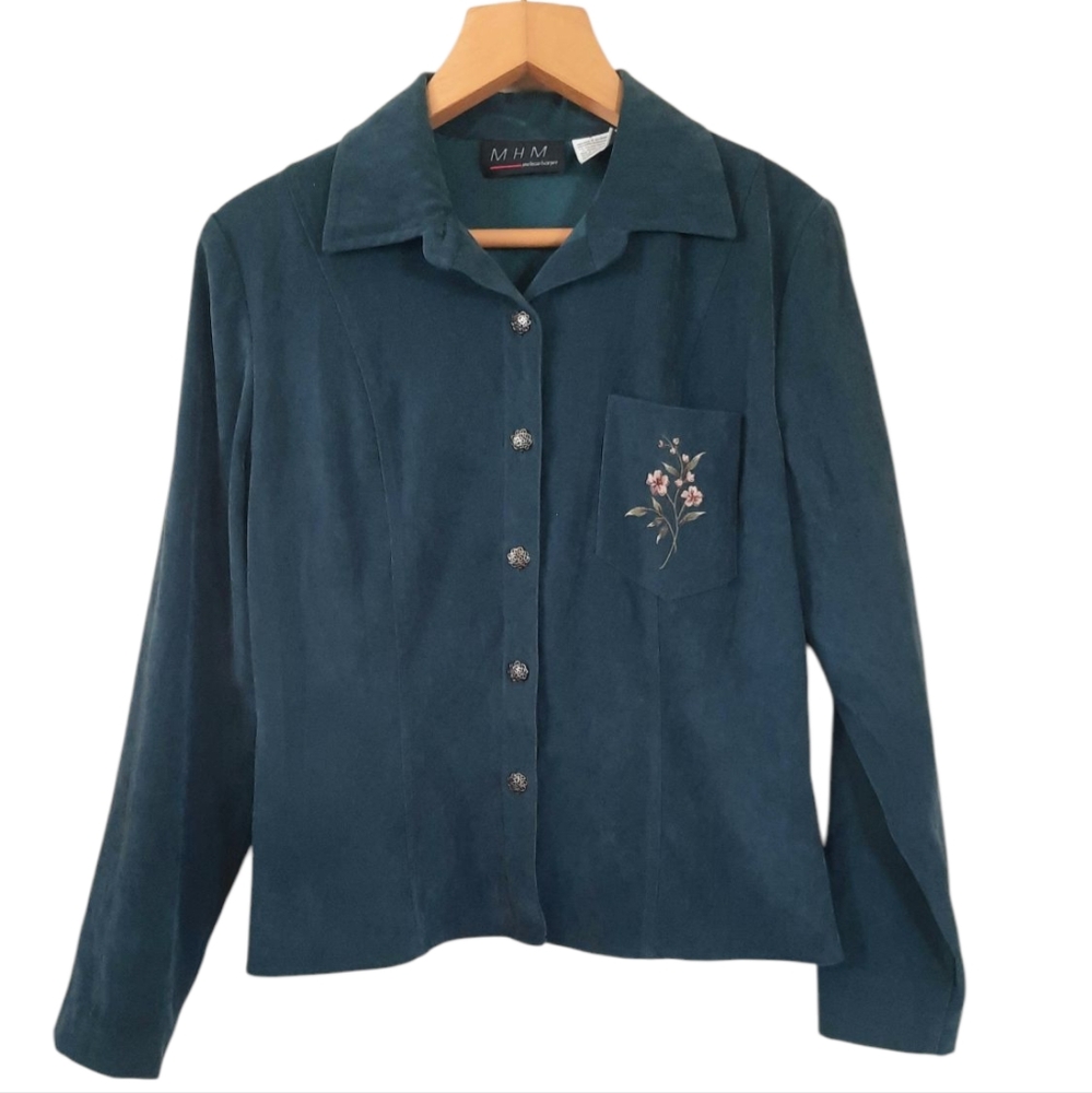 MHM Teal Button-Front Embroidered Pocket Women’s Top